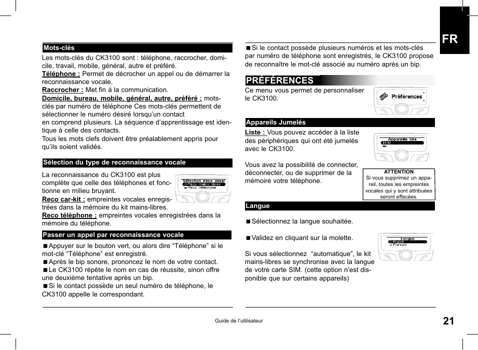 Préférences | Parrot CK3100 User Manual | Page 21 / 80