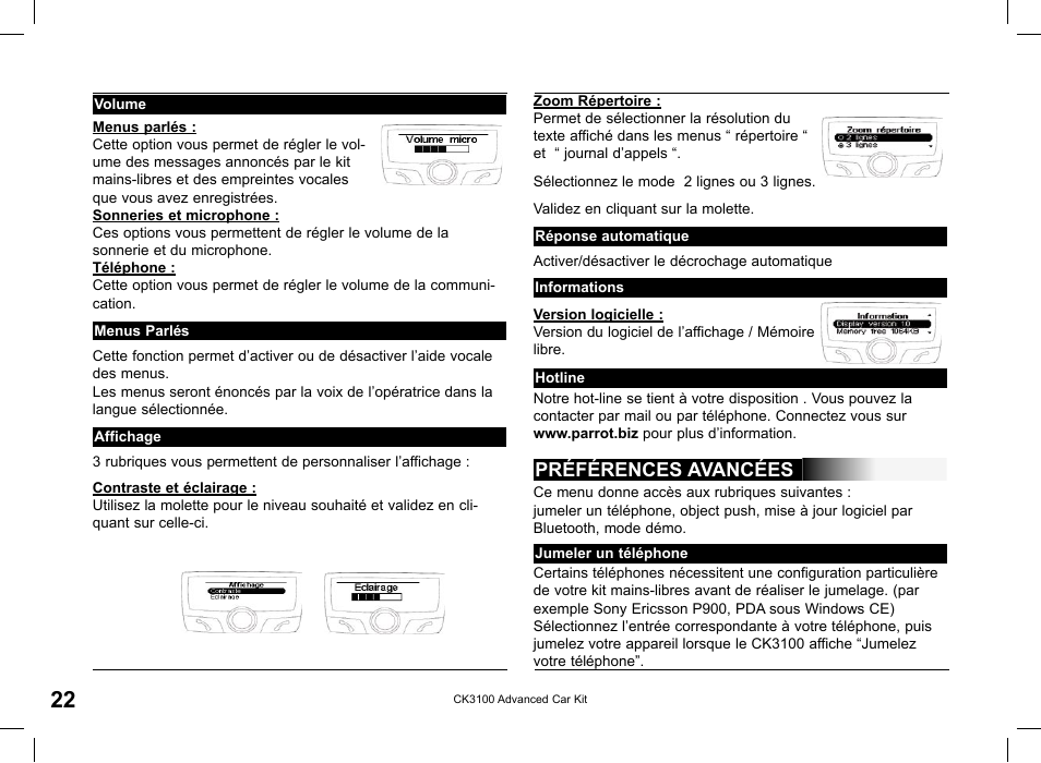 Préférences avancées | Parrot CK3100 User Manual | Page 22 / 80