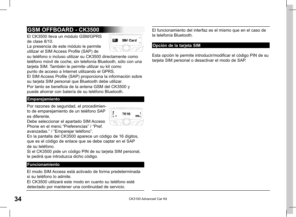 Gsm offboard - ck3500 | Parrot CK3100 User Manual | Page 34 / 80