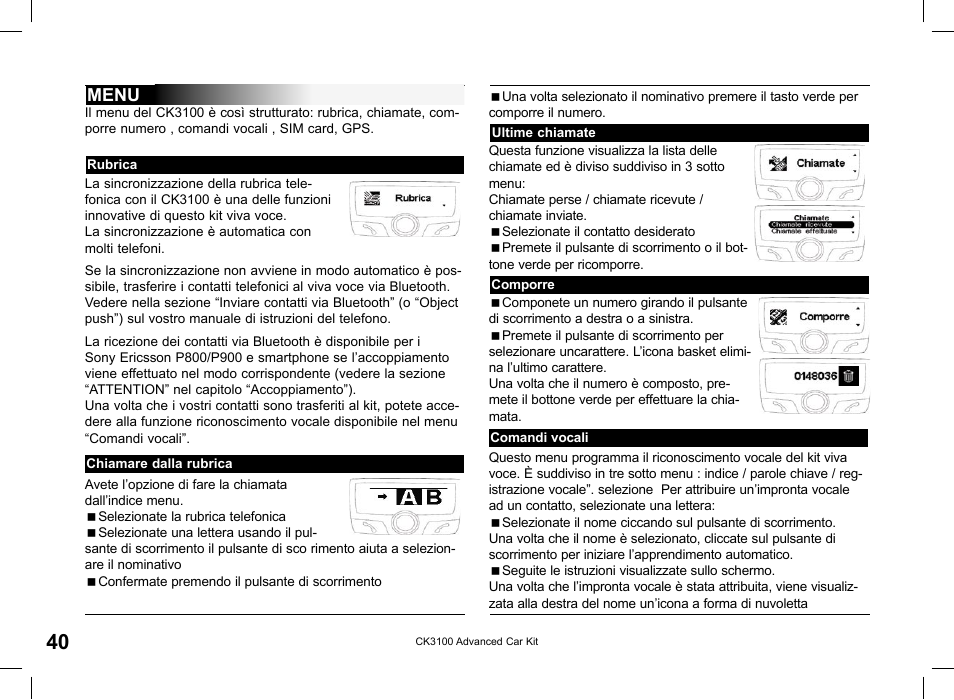 Menu | Parrot CK3100 User Manual | Page 40 / 80