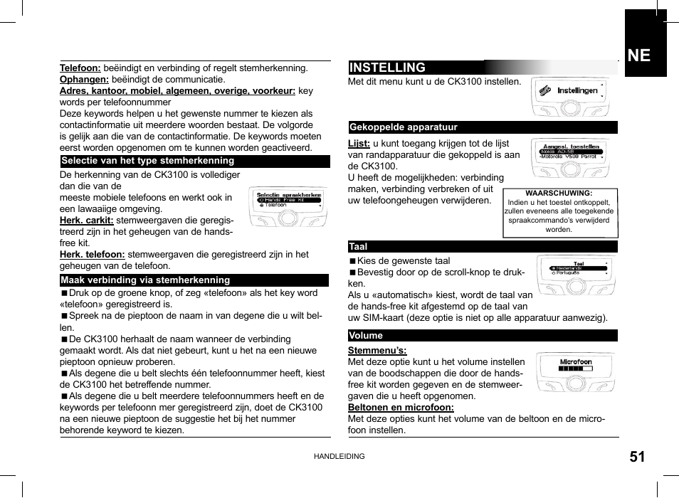 Instelling | Parrot CK3100 User Manual | Page 51 / 80