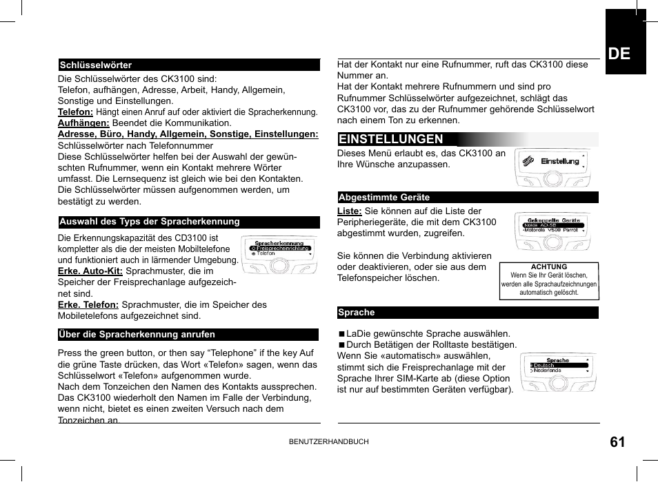 Einstellungen | Parrot CK3100 User Manual | Page 61 / 80