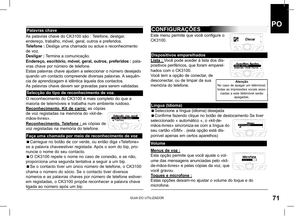 Configurações | Parrot CK3100 User Manual | Page 71 / 80
