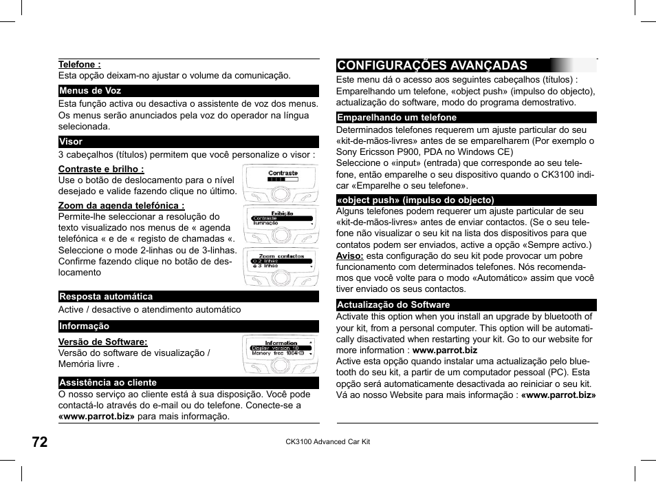 Configurações avançadas | Parrot CK3100 User Manual | Page 72 / 80