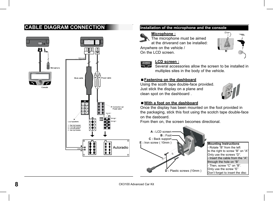 Cable diagram connection | Parrot CK3100 User Manual | Page 8 / 80