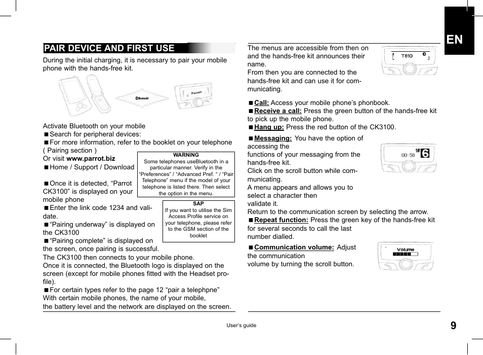 Pair device and first use | Parrot CK3100 User Manual | Page 9 / 80