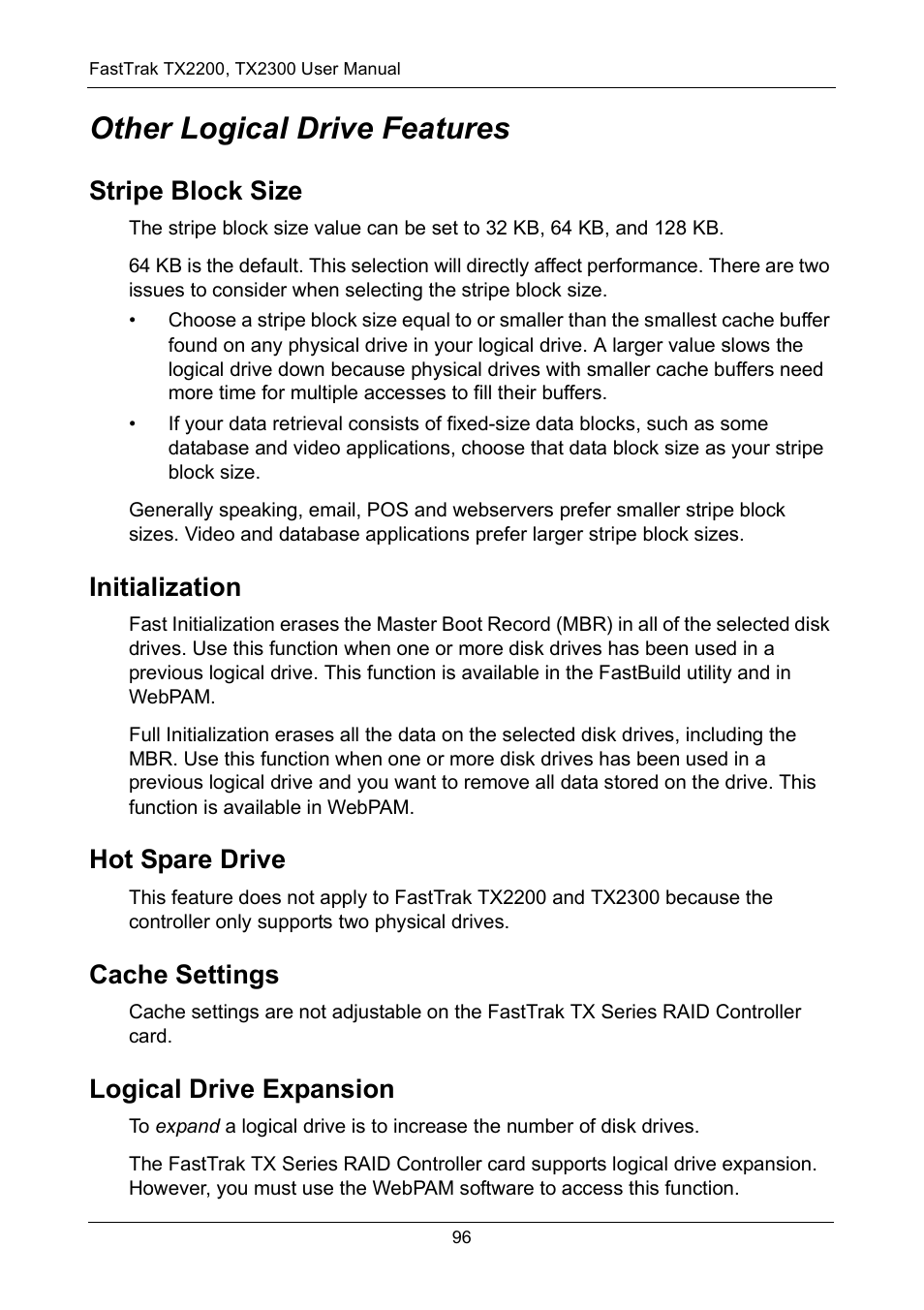 Other logical drive features, Stripe block size, Initialization | Hot spare drive, Cache settings, Logical drive expansion | Promise Technology FastTrak TX2300 User Manual | Page 102 / 128