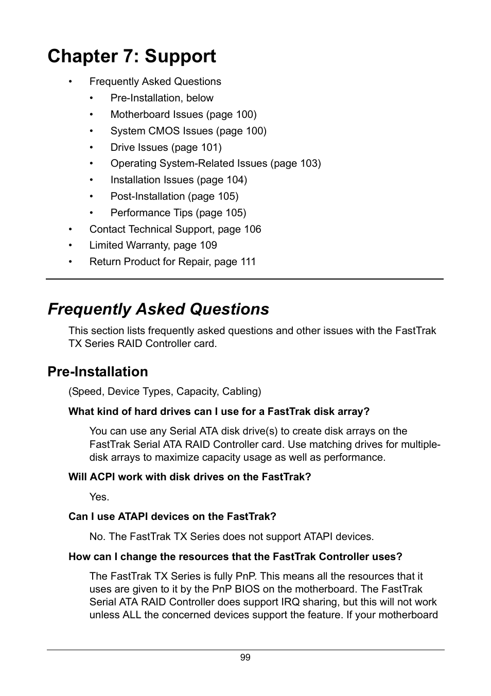 Chapter 7: support, Frequently asked questions, Pre-installation | Promise Technology FastTrak TX2300 User Manual | Page 105 / 128