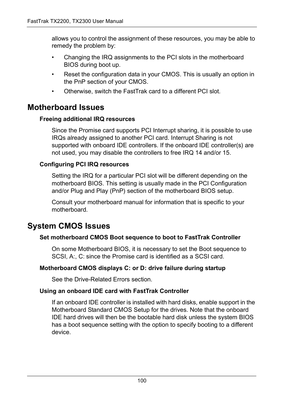 Motherboard issues, System cmos issues | Promise Technology FastTrak TX2300 User Manual | Page 106 / 128
