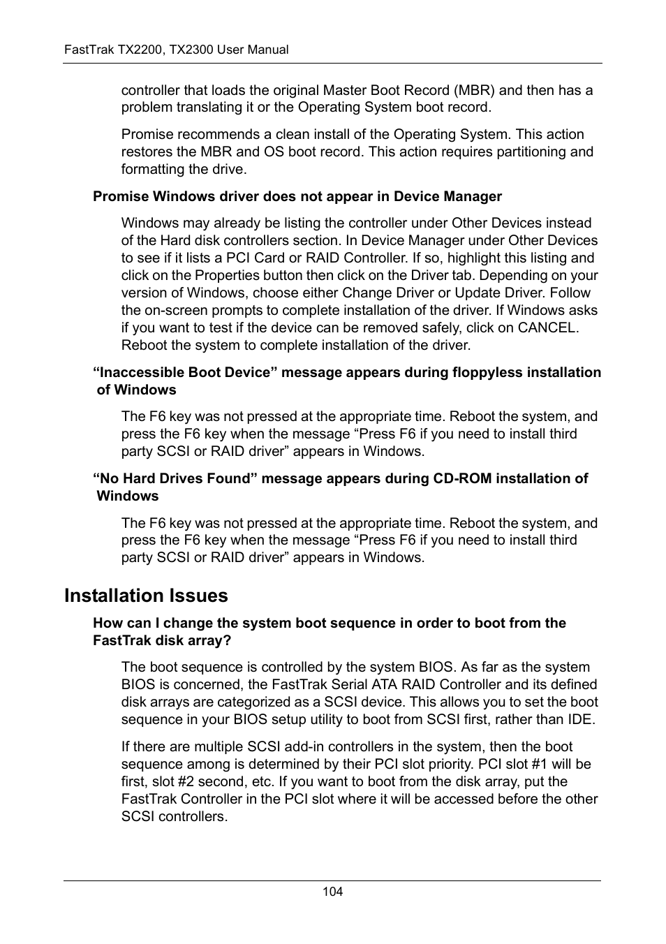 Installation issues | Promise Technology FastTrak TX2300 User Manual | Page 110 / 128
