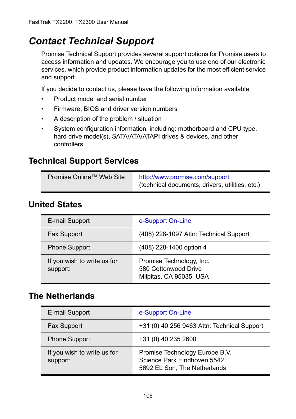 Contact technical support, Technical support services, United states | The netherlands | Promise Technology FastTrak TX2300 User Manual | Page 112 / 128