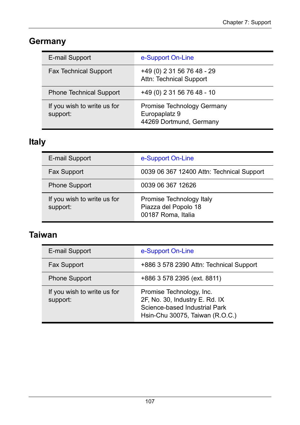 Germany, Italy, Taiwan | Germany italy taiwan | Promise Technology FastTrak TX2300 User Manual | Page 113 / 128