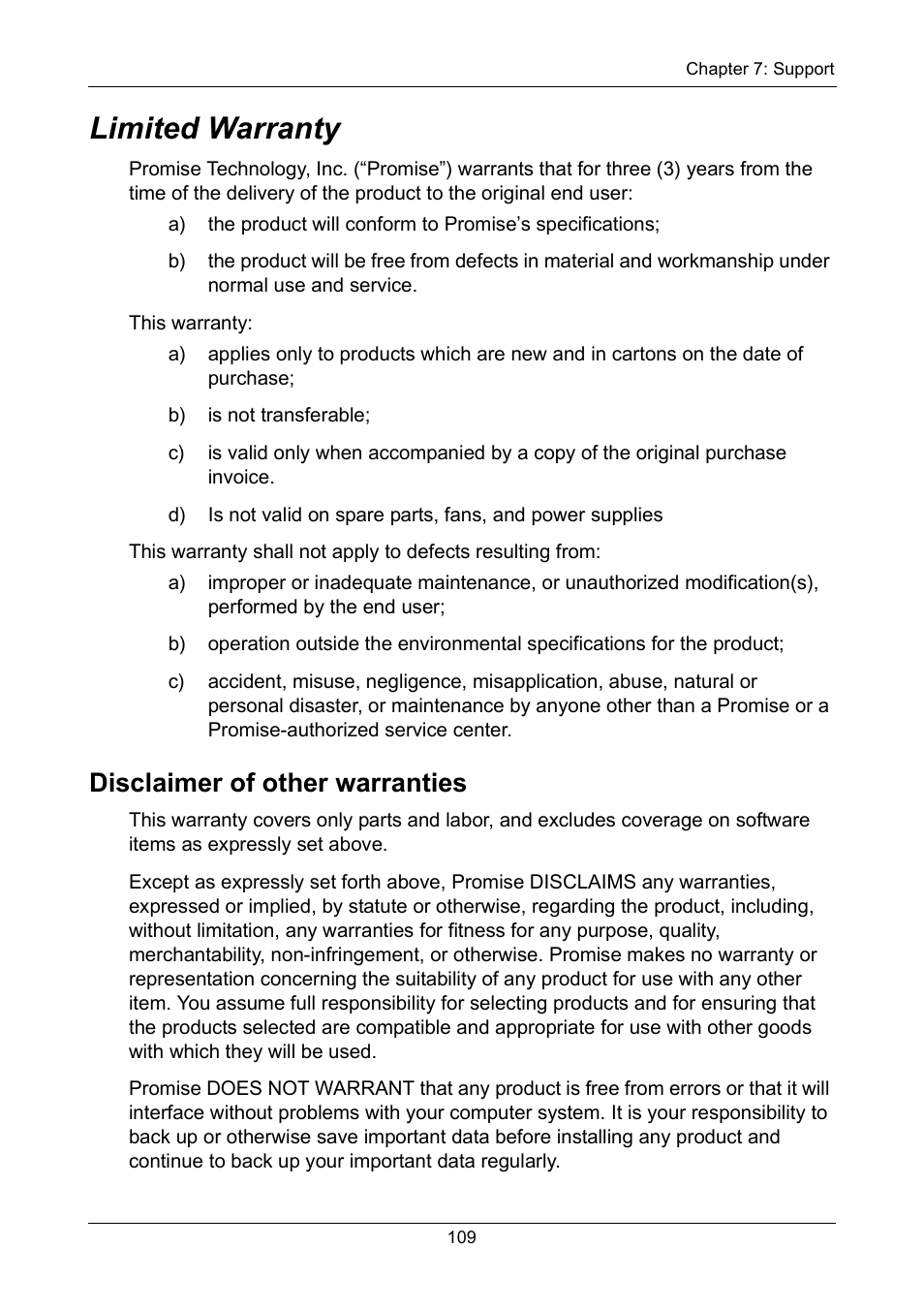 Limited warranty, Disclaimer of other warranties | Promise Technology FastTrak TX2300 User Manual | Page 115 / 128