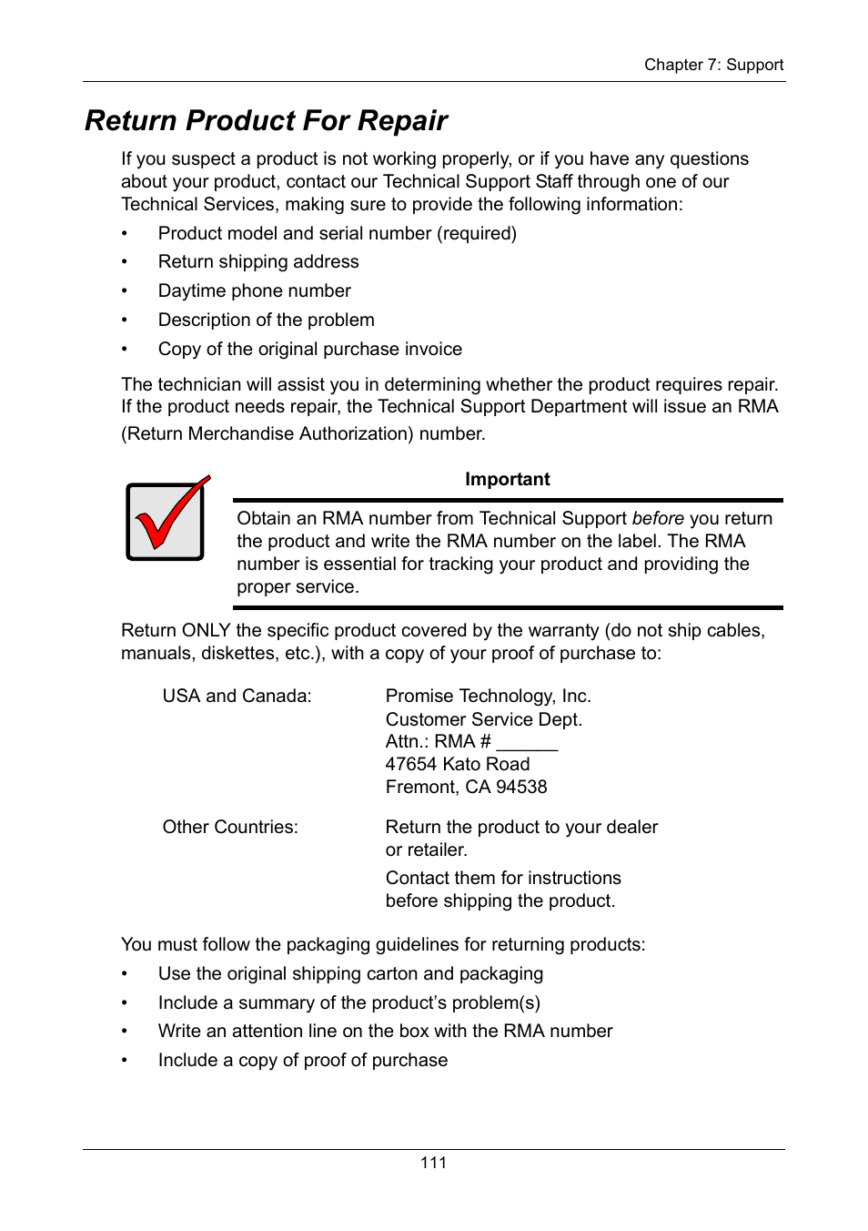 Return product for repair | Promise Technology FastTrak TX2300 User Manual | Page 117 / 128