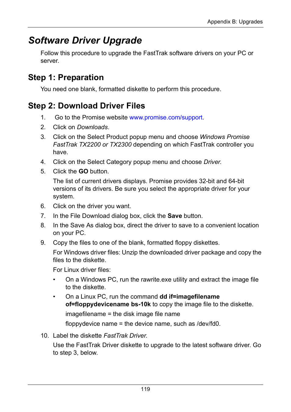 Software driver upgrade, Step 1: preparation, Step 2: download driver files | Promise Technology FastTrak TX2300 User Manual | Page 125 / 128