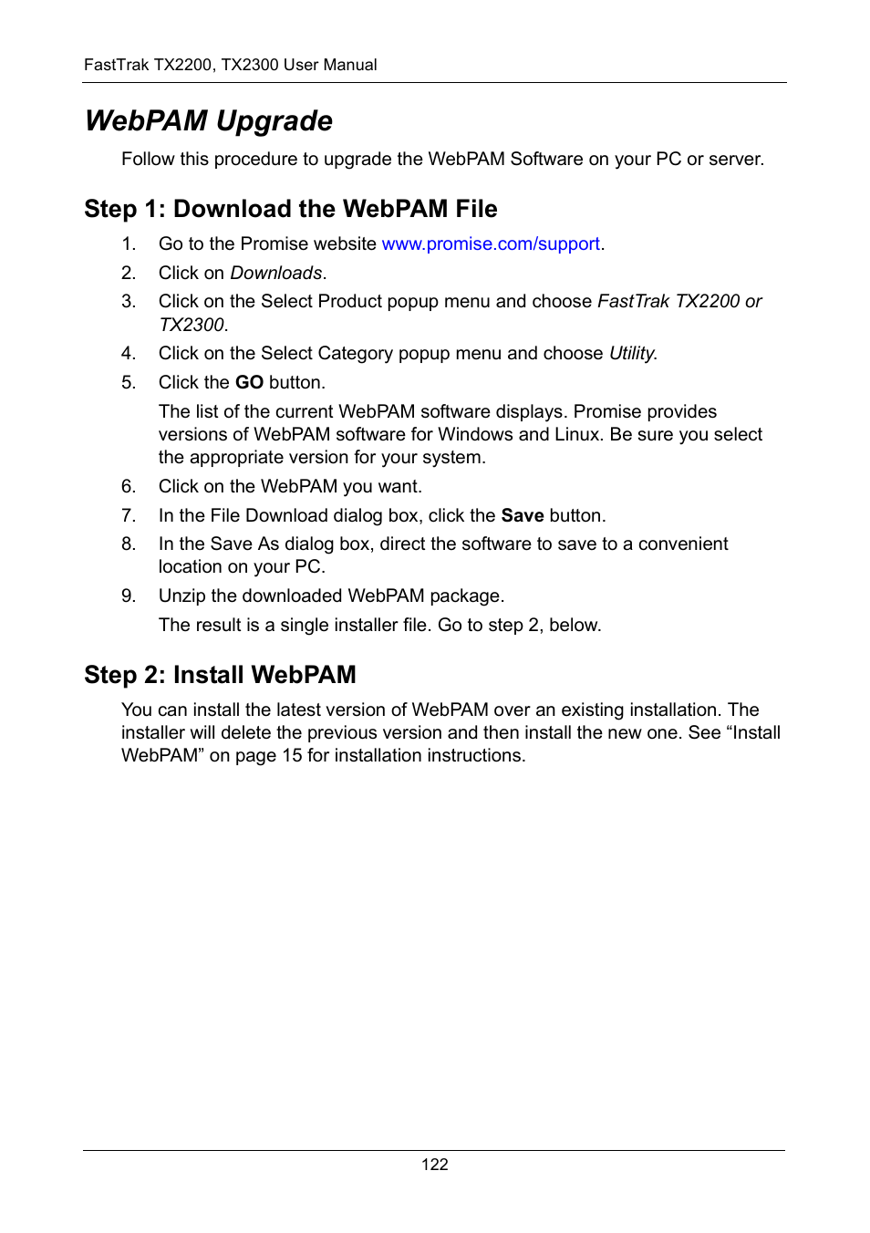 Webpam upgrade, Step 1: download the webpam file, Step 2: install webpam | Promise Technology FastTrak TX2300 User Manual | Page 128 / 128