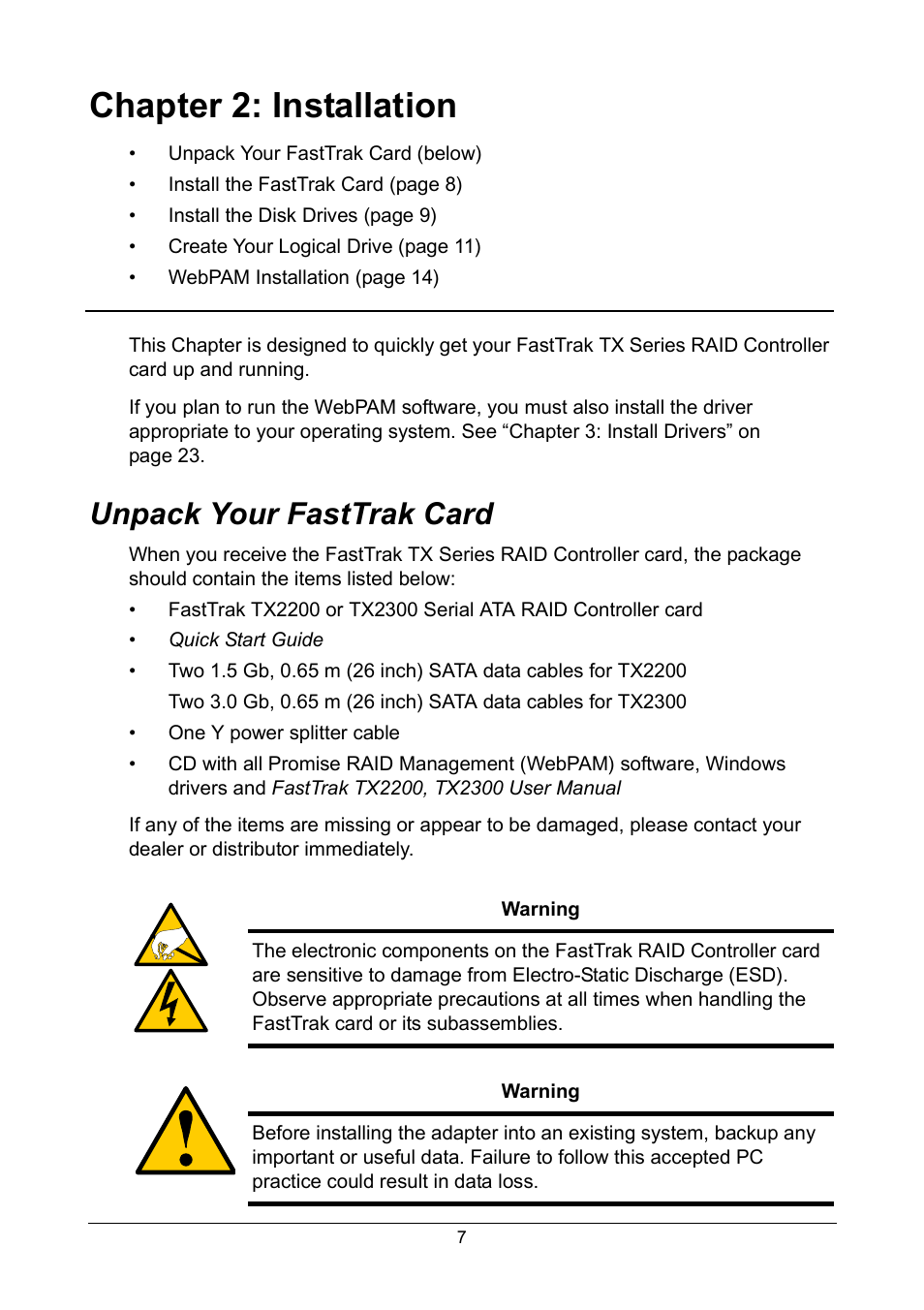 Chapter 2: installation, Unpack your fasttrak card | Promise Technology FastTrak TX2300 User Manual | Page 13 / 128