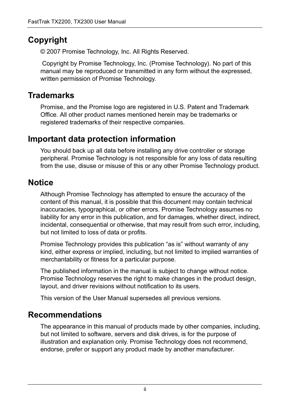 Copyright, Trademarks, Important data protection information | Notice, Recommendations | Promise Technology FastTrak TX2300 User Manual | Page 2 / 128