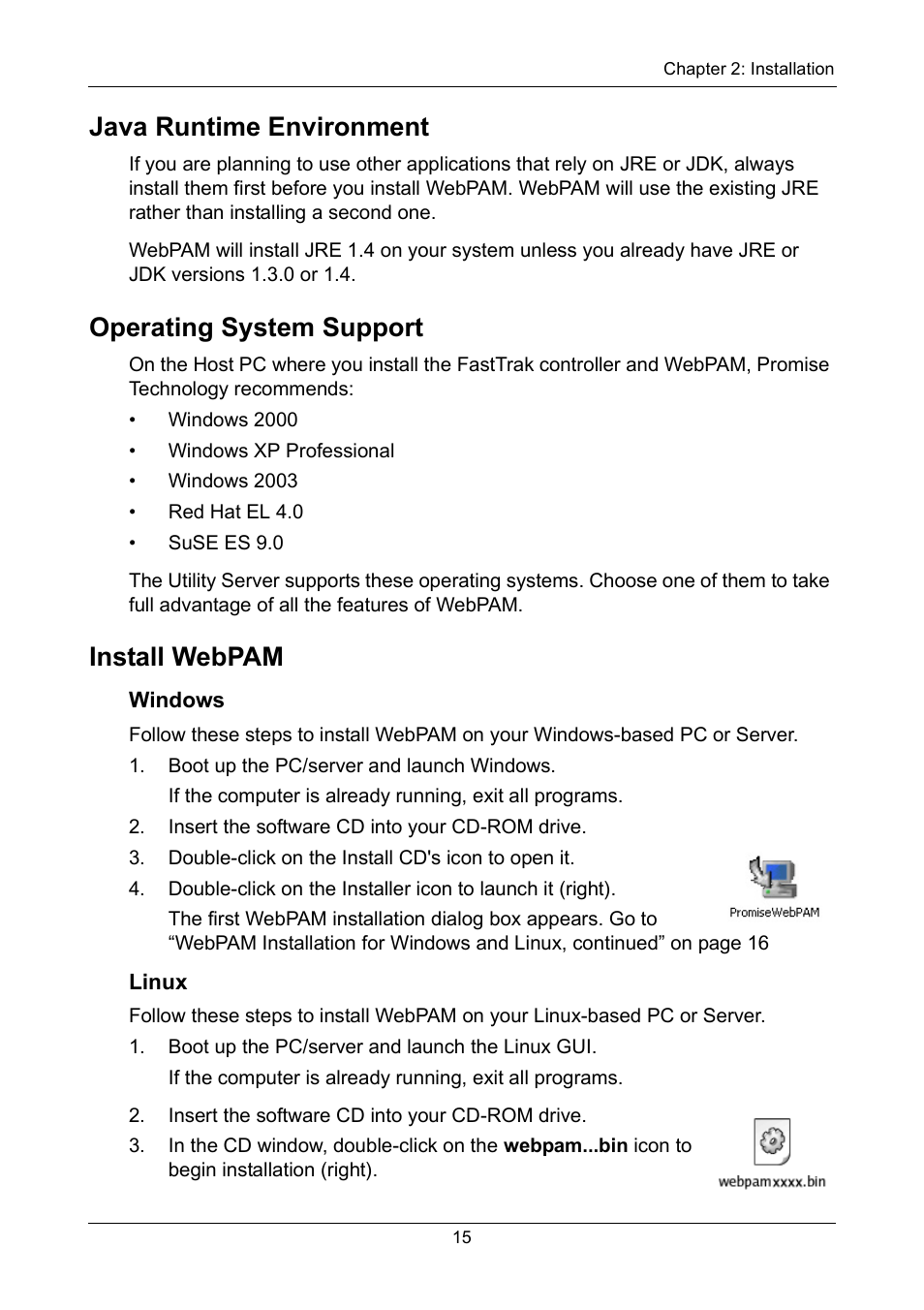 Java runtime environment, Operating system support, Install webpam | Promise Technology FastTrak TX2300 User Manual | Page 21 / 128