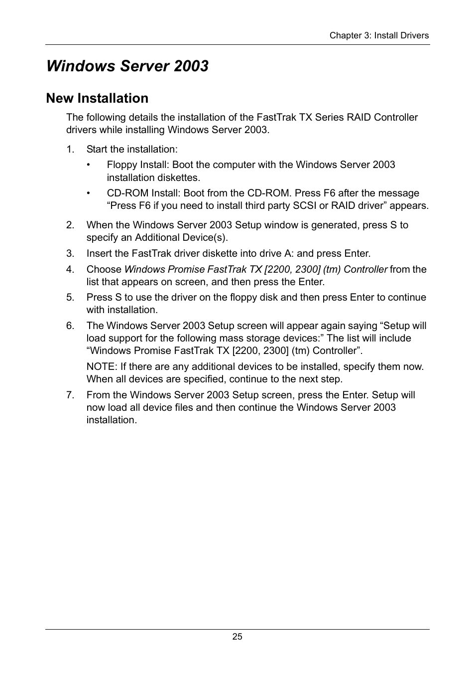 Windows server 2003, New installation | Promise Technology FastTrak TX2300 User Manual | Page 31 / 128