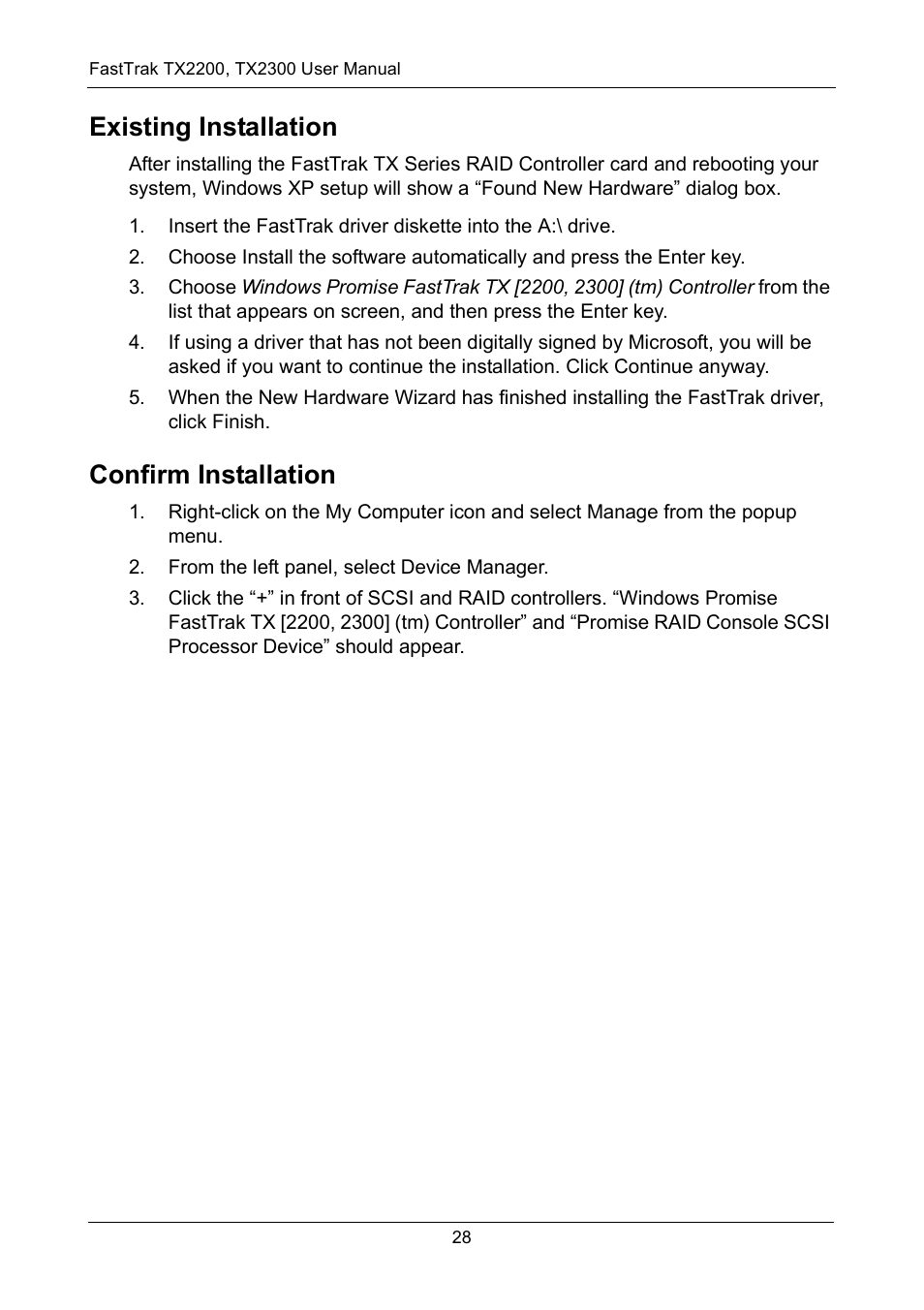 Existing installation, Confirm installation, Existing installation confirm installation | Promise Technology FastTrak TX2300 User Manual | Page 34 / 128