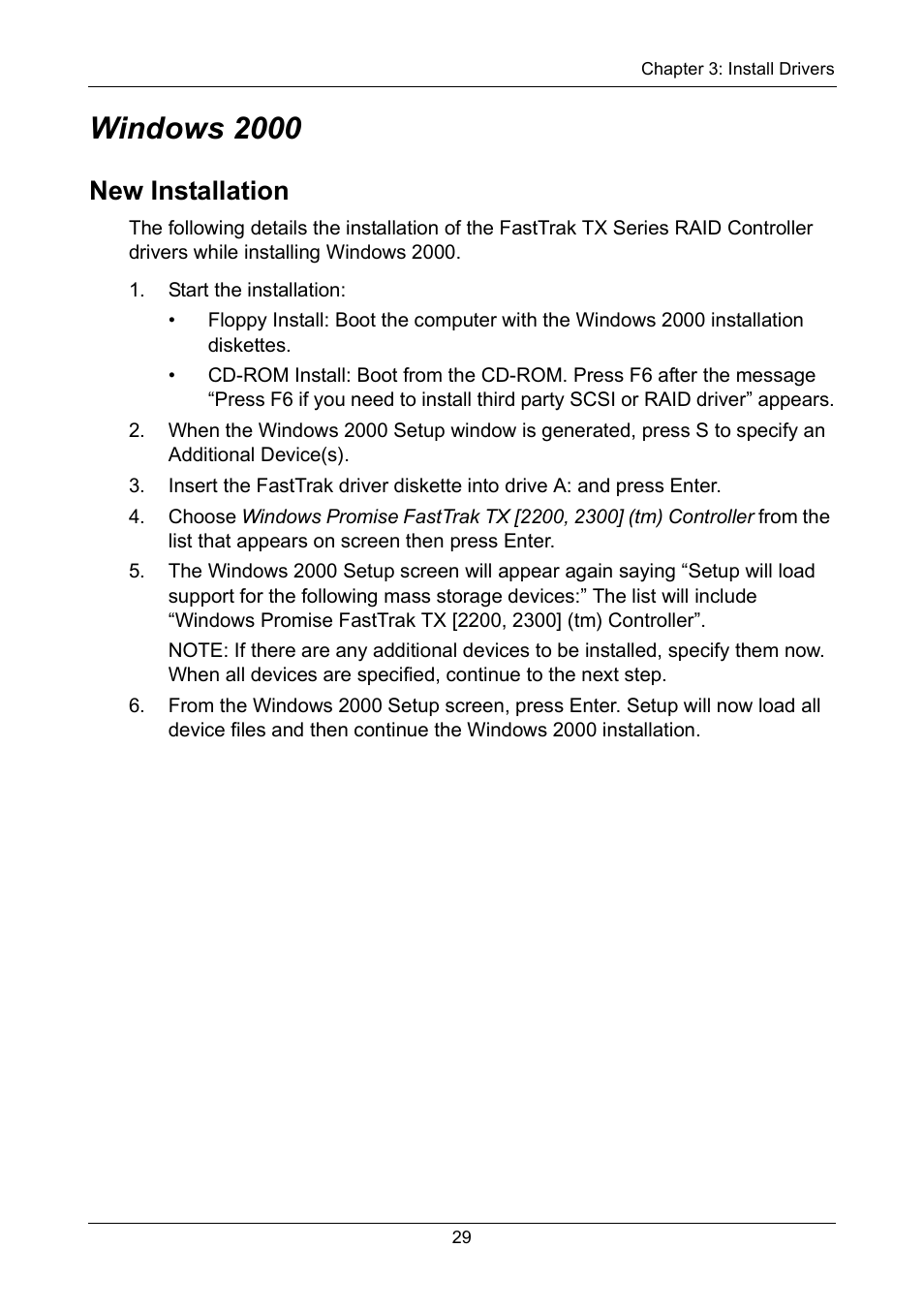 Windows 2000, New installation | Promise Technology FastTrak TX2300 User Manual | Page 35 / 128