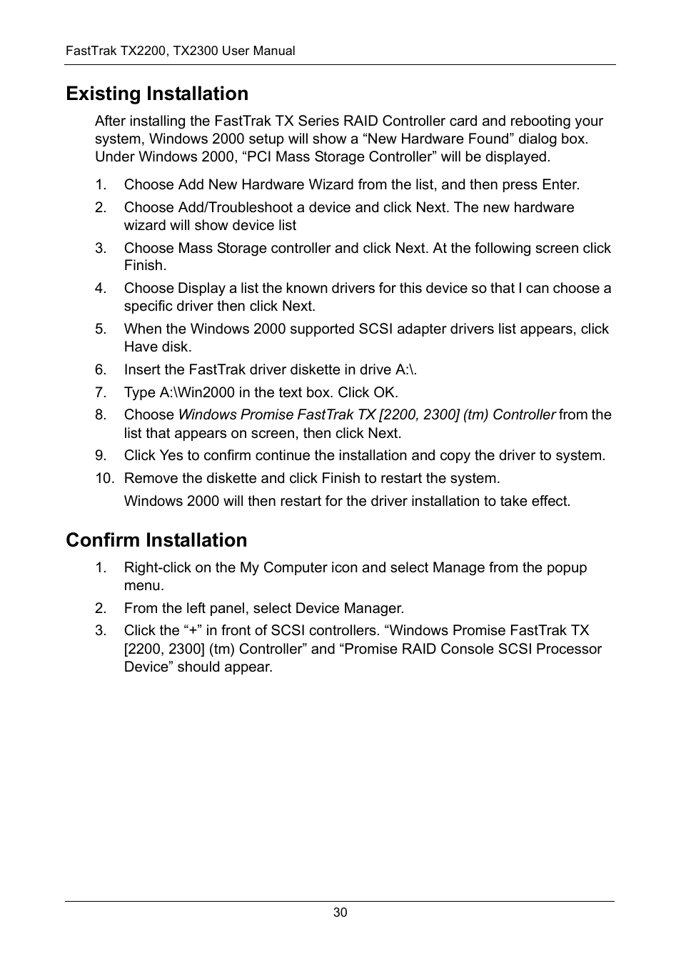 Existing installation, Confirm installation, Existing installation confirm installation | Promise Technology FastTrak TX2300 User Manual | Page 36 / 128