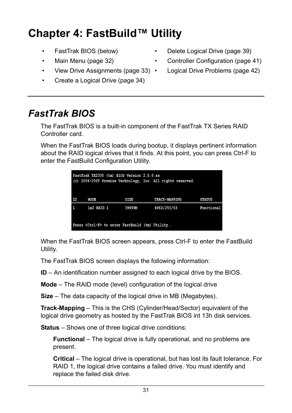 Chapter 4: fastbuild™ utility, Fasttrak bios | Promise Technology FastTrak TX2300 User Manual | Page 37 / 128