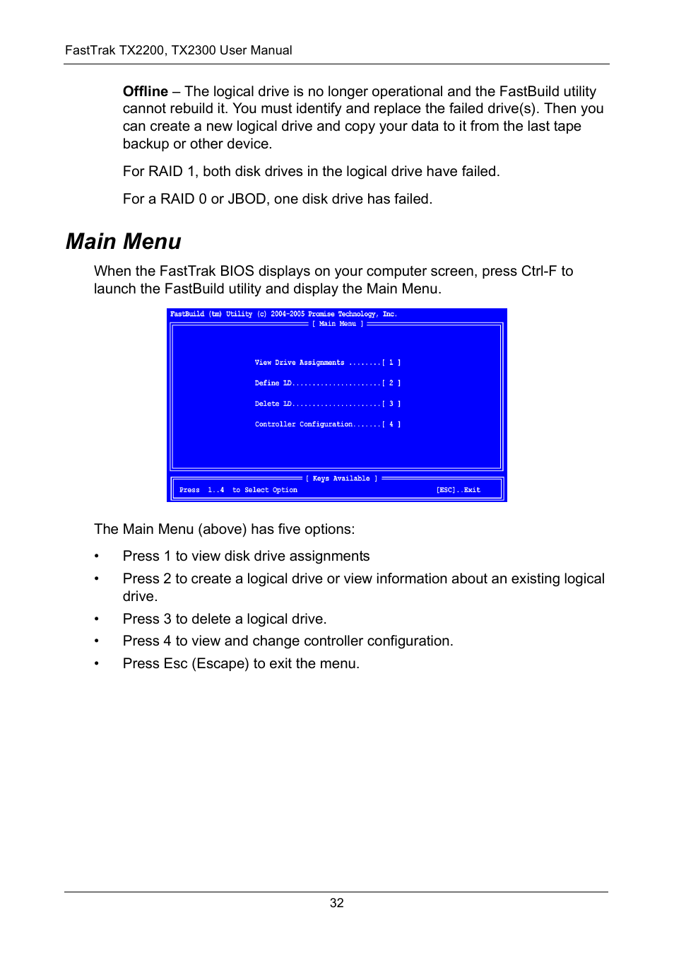 Main menu | Promise Technology FastTrak TX2300 User Manual | Page 38 / 128