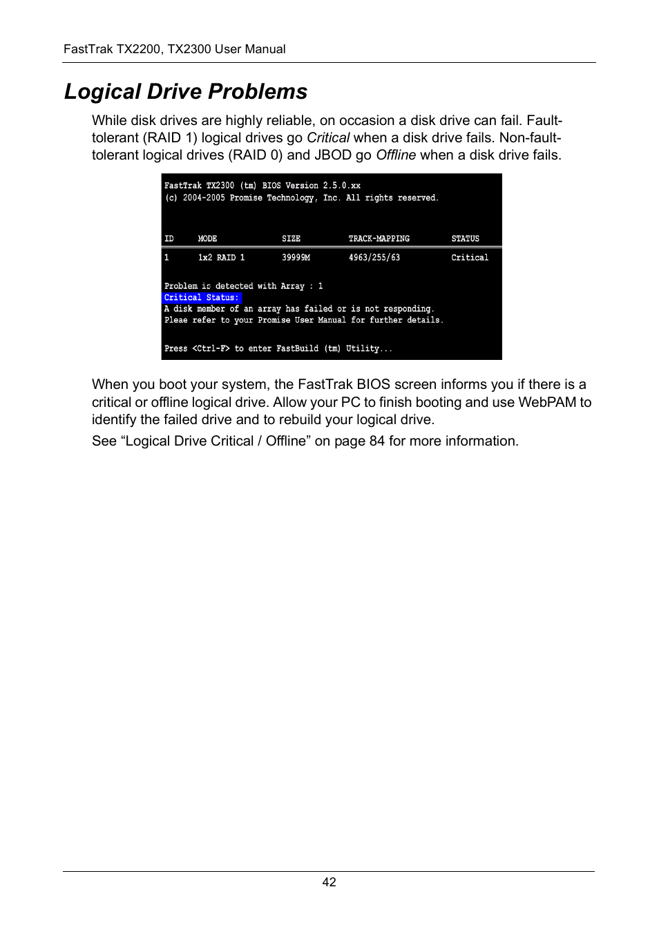 Logical drive problems | Promise Technology FastTrak TX2300 User Manual | Page 48 / 128