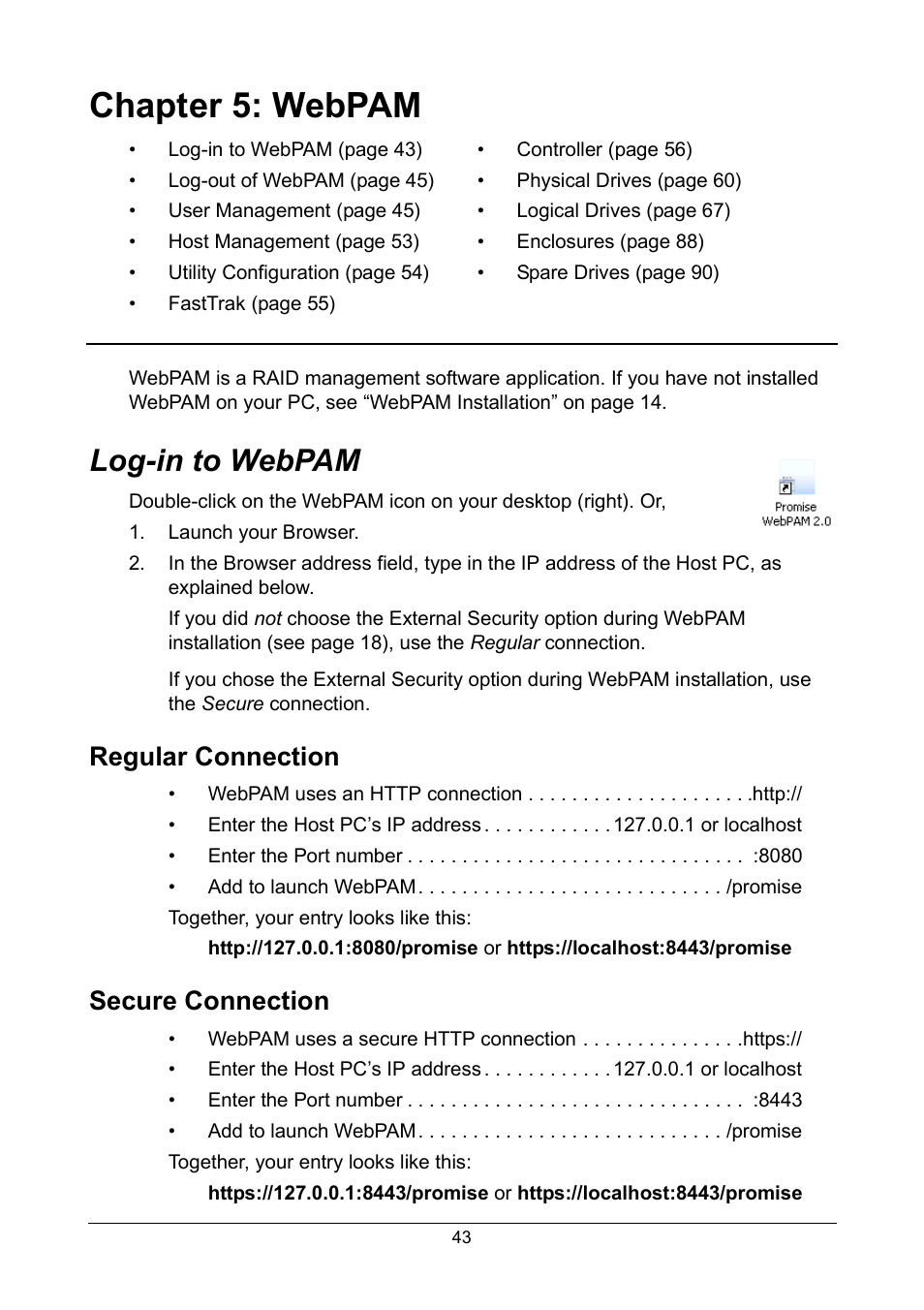 Chapter 5: webpam, Log-in to webpam, Regular connection | Secure connection, Regular connection secure connection | Promise Technology FastTrak TX2300 User Manual | Page 49 / 128