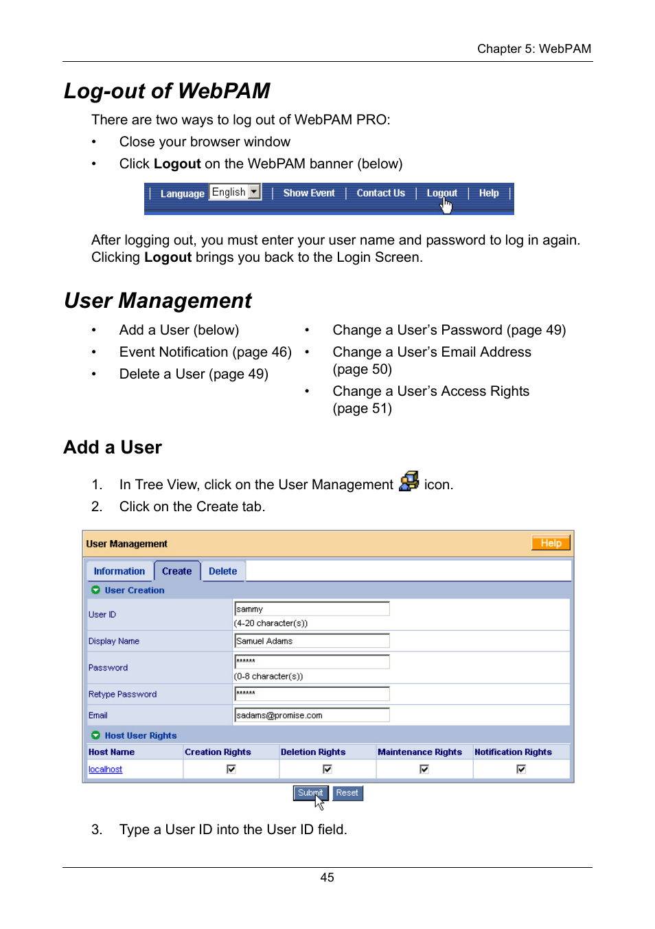 Log-out of webpam, User management, Add a user | Log-out of webpam user management | Promise Technology FastTrak TX2300 User Manual | Page 51 / 128