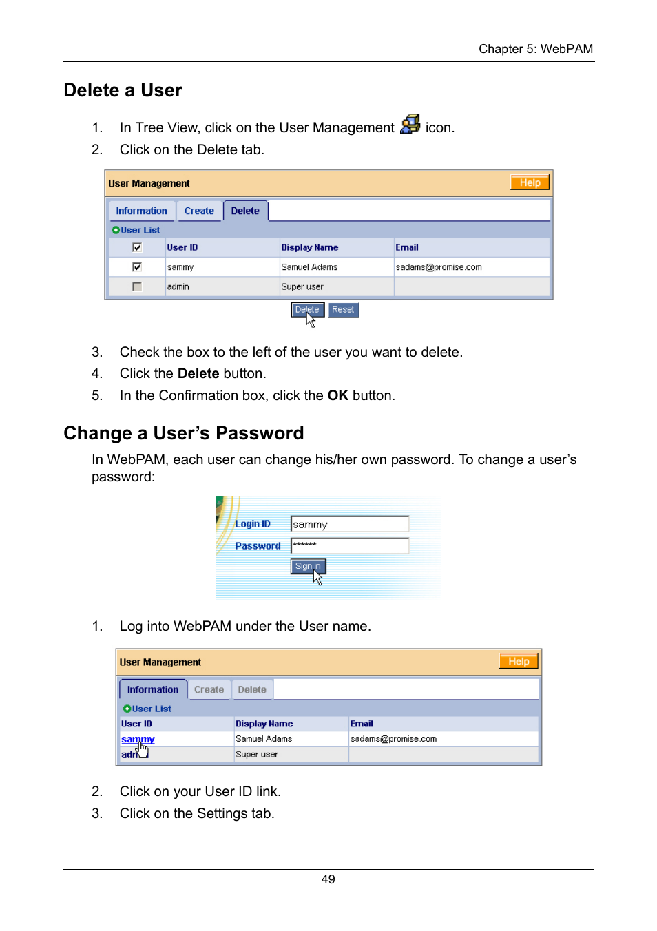 Delete a user, Change a user’s password, Delete a user change a user’s password | Promise Technology FastTrak TX2300 User Manual | Page 55 / 128