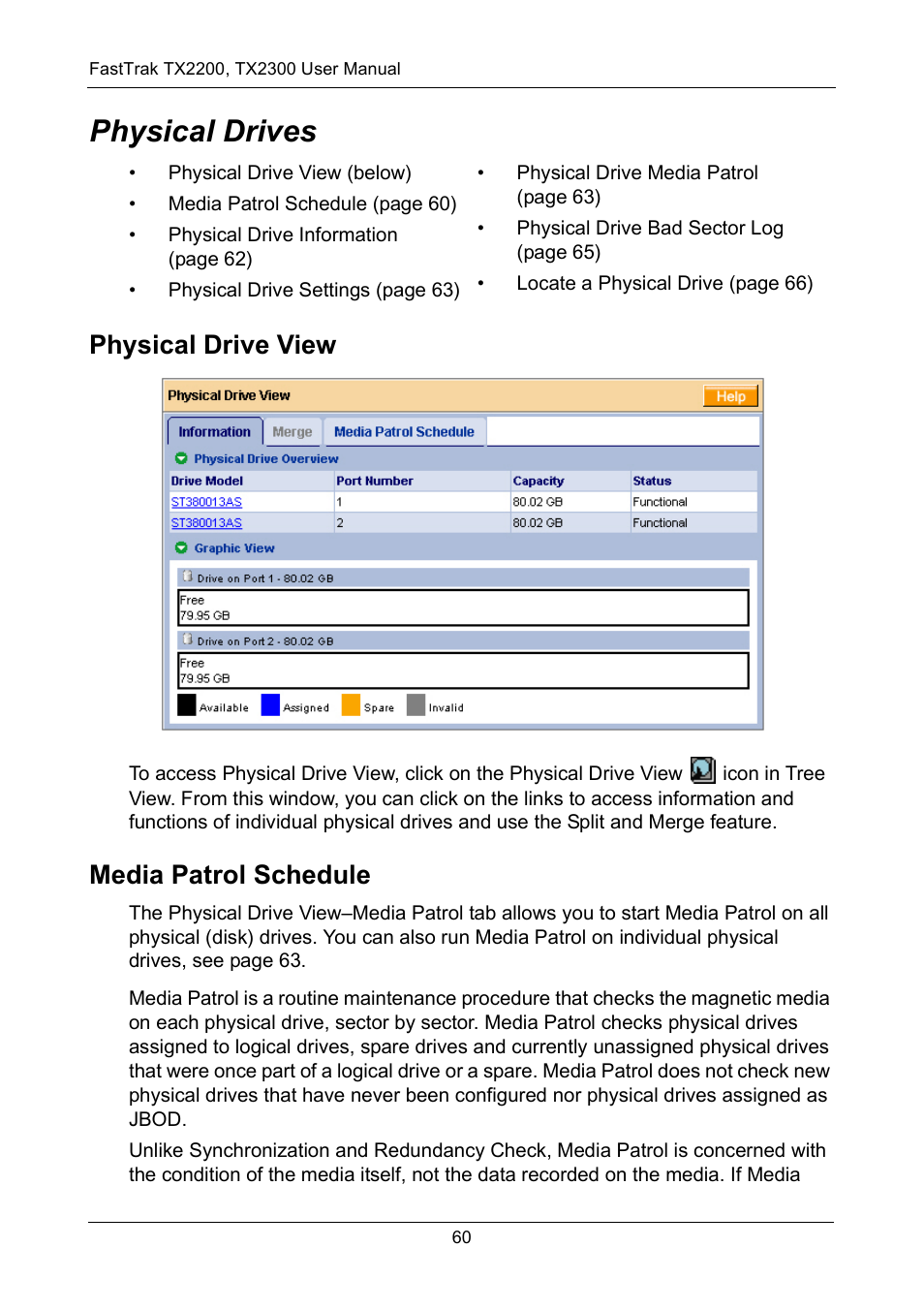 Physical drives, Physical drive view, Media patrol schedule | Physical drive view media patrol schedule | Promise Technology FastTrak TX2300 User Manual | Page 66 / 128