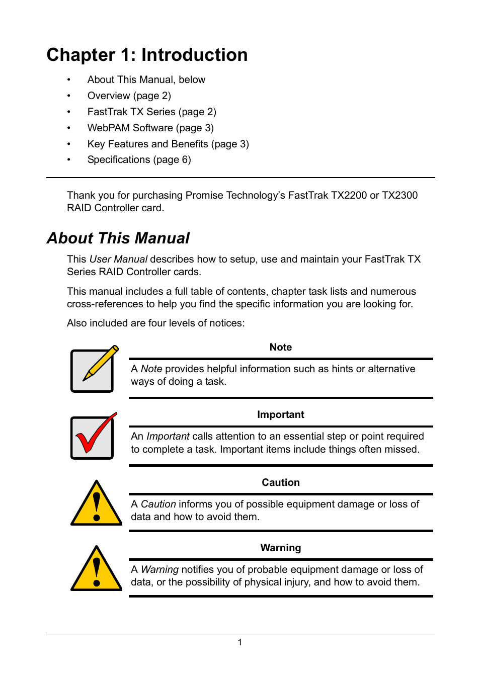 Chapter 1: introduction, About this manual | Promise Technology FastTrak TX2300 User Manual | Page 7 / 128