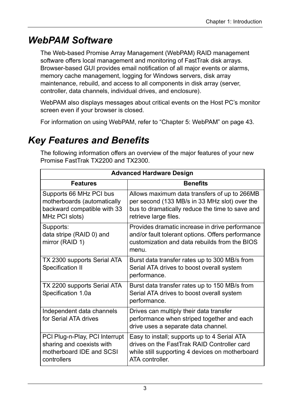 Webpam software, Key features and benefits, Webpam software key features and benefits | Promise Technology FastTrak TX2300 User Manual | Page 9 / 128