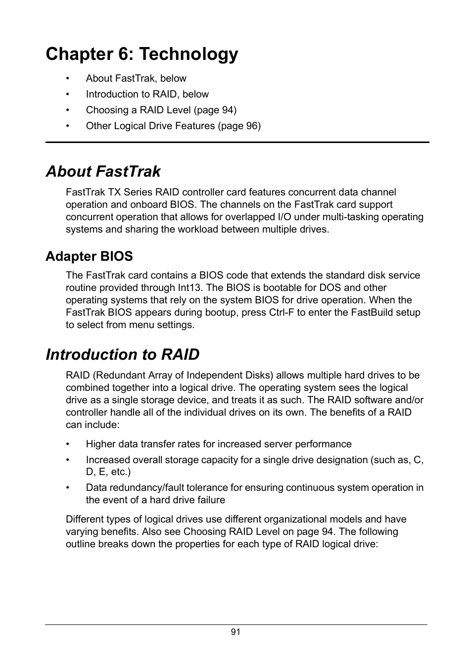 Chapter 6: technology, About fasttrak, Adapter bios | Introduction to raid | Promise Technology FastTrak TX2300 User Manual | Page 97 / 128