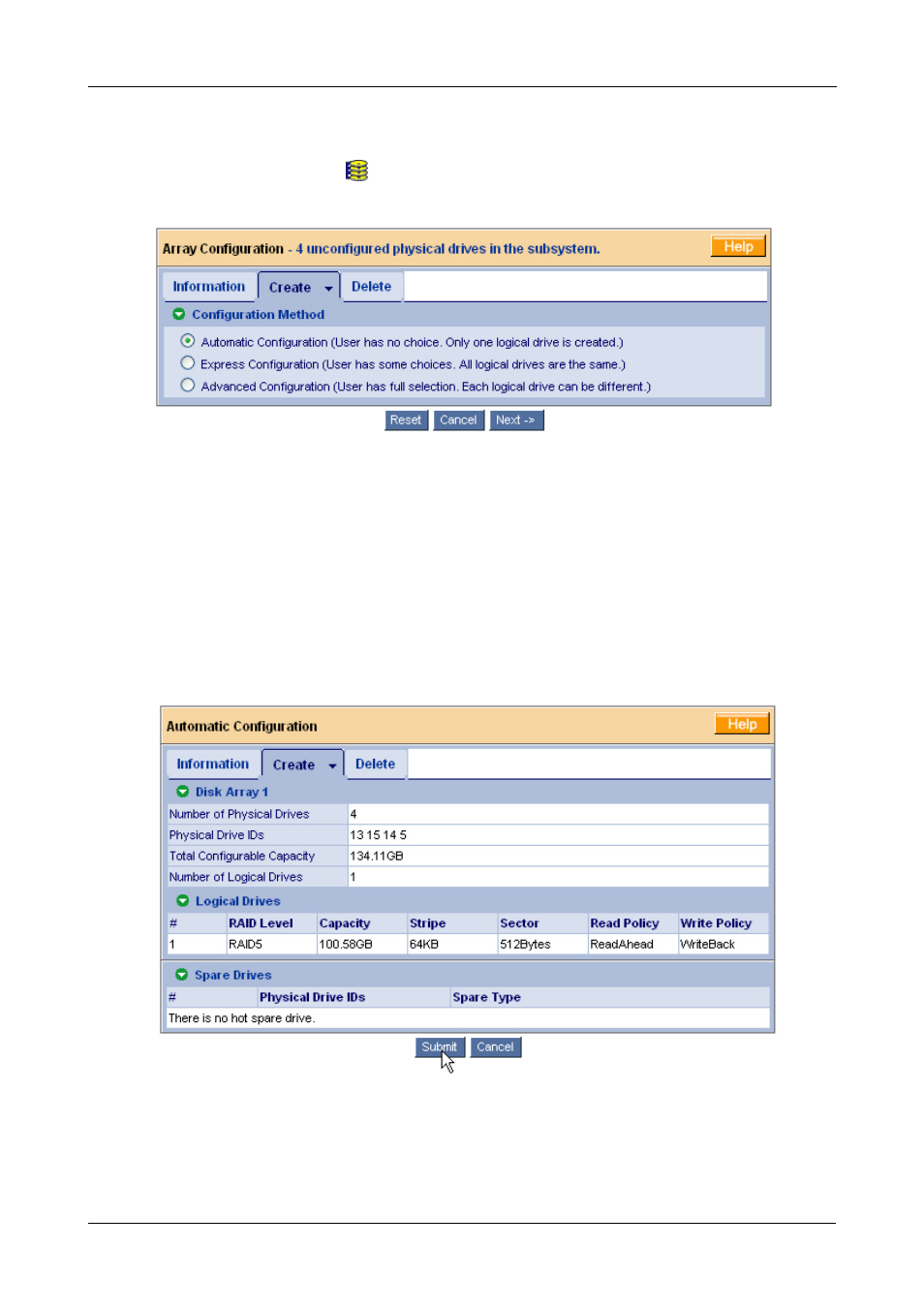 Create a disk array, Automatic | Promise Technology VTrack M-Class M200i User Manual | Page 53 / 322