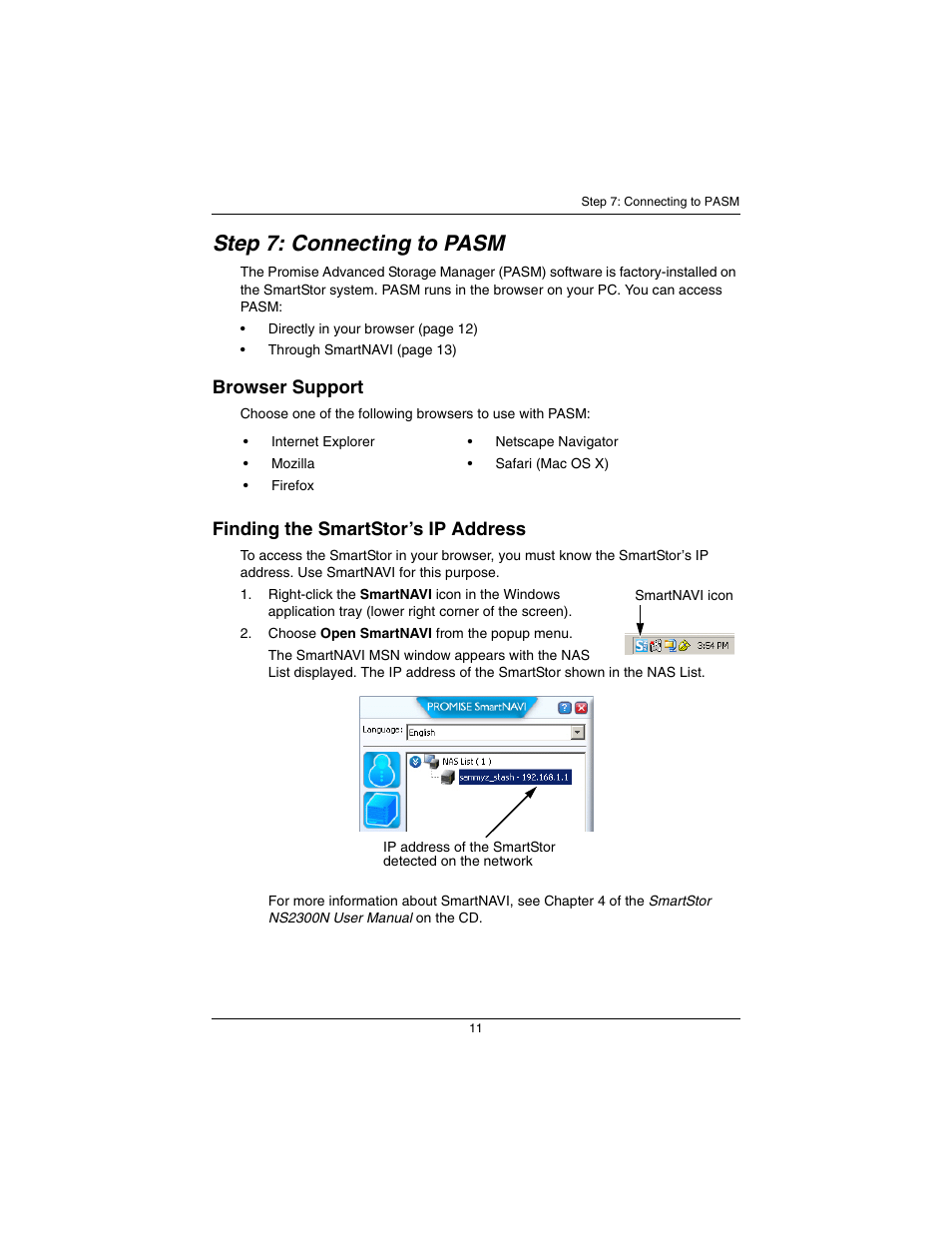 Step 7: connecting to pasm, Browser support, Finding the smartstor’s ip address | Promise Technology SmartStor NS2300N User Manual | Page 11 / 191