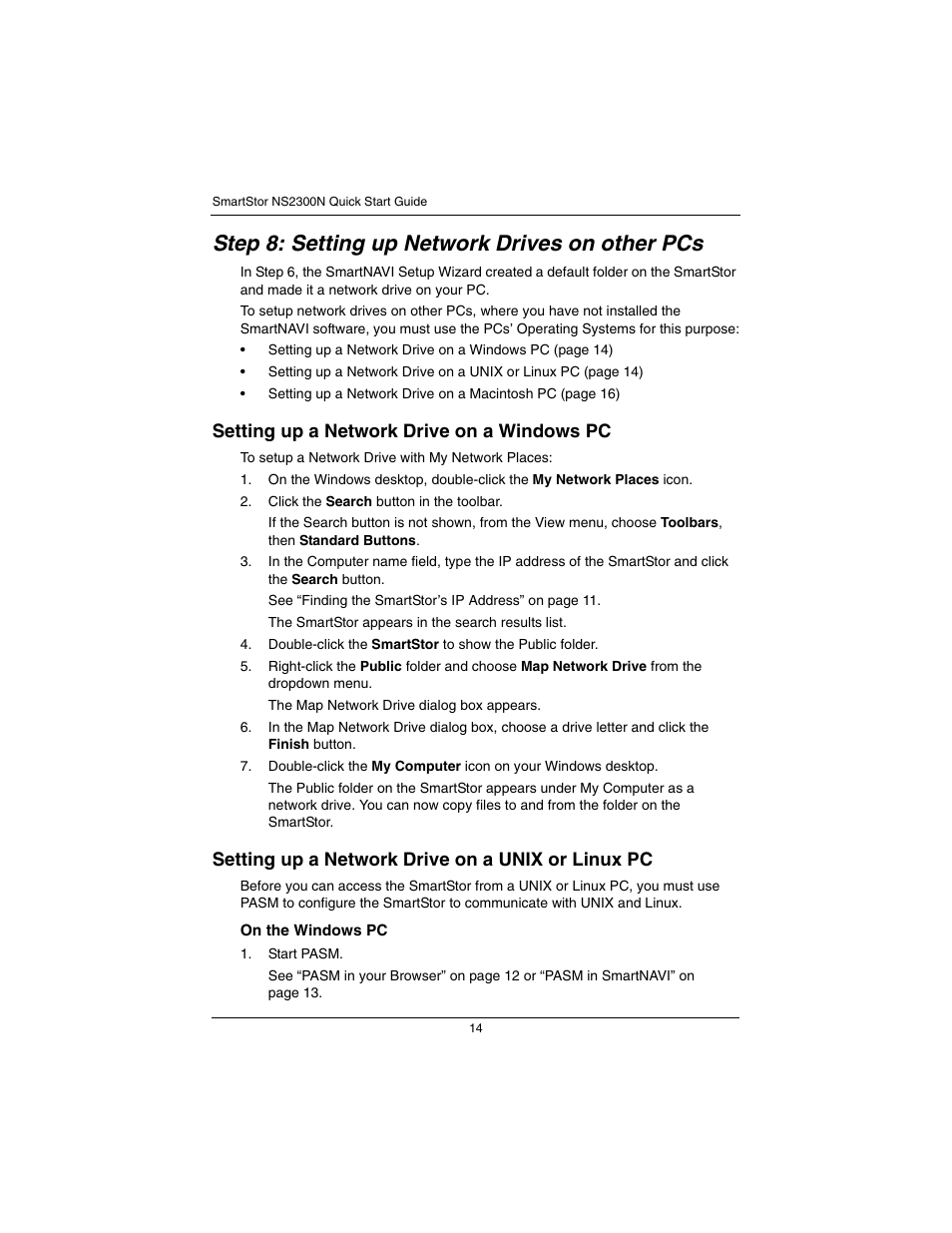Step 8: setting up network drives on other pcs, Setting up a network drive on a windows pc, Setting up a network drive on a unix or linux pc | Promise Technology SmartStor NS2300N User Manual | Page 14 / 191