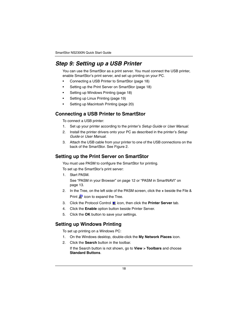 Step 9: setting up a usb printer, Connecting a usb printer to smartstor, Setting up the print server on smartstor | Setting up windows printing | Promise Technology SmartStor NS2300N User Manual | Page 18 / 191