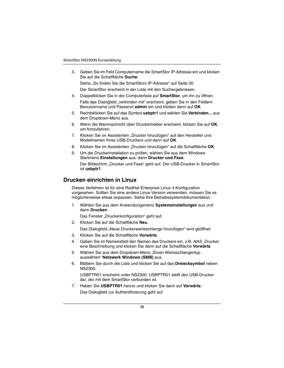 Drucken einrichten in linux (seite 38), Drucken einrichten in linux | Promise Technology SmartStor NS2300N User Manual | Page 38 / 191