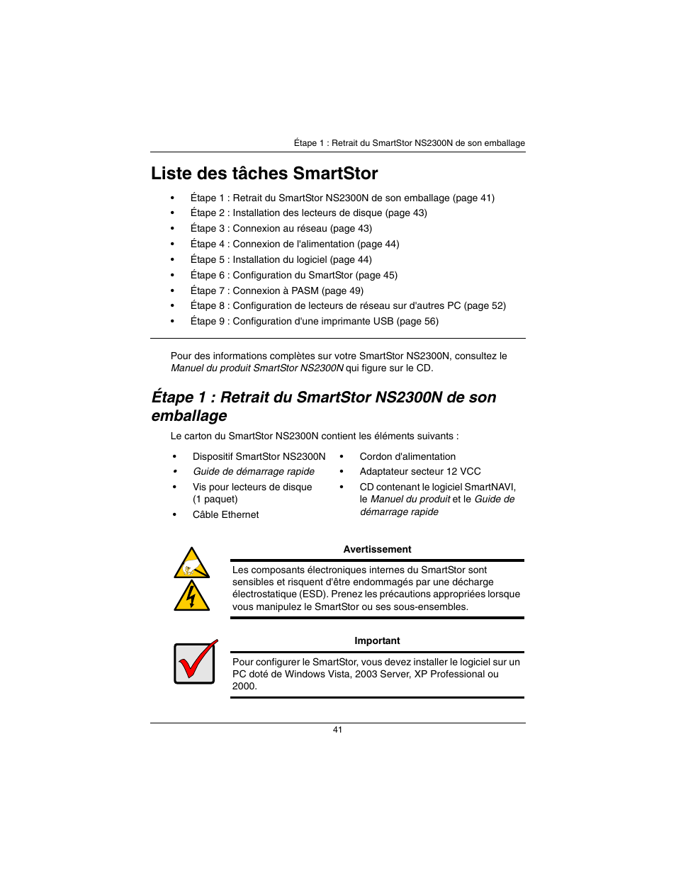 Français, Liste des tâches smartstor | Promise Technology SmartStor NS2300N User Manual | Page 41 / 191