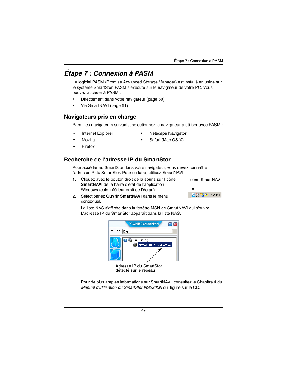 Étape 7 : connexion à pasm, Navigateurs pris en charge, Recherche de l'adresse ip du smartstor | Promise Technology SmartStor NS2300N User Manual | Page 49 / 191