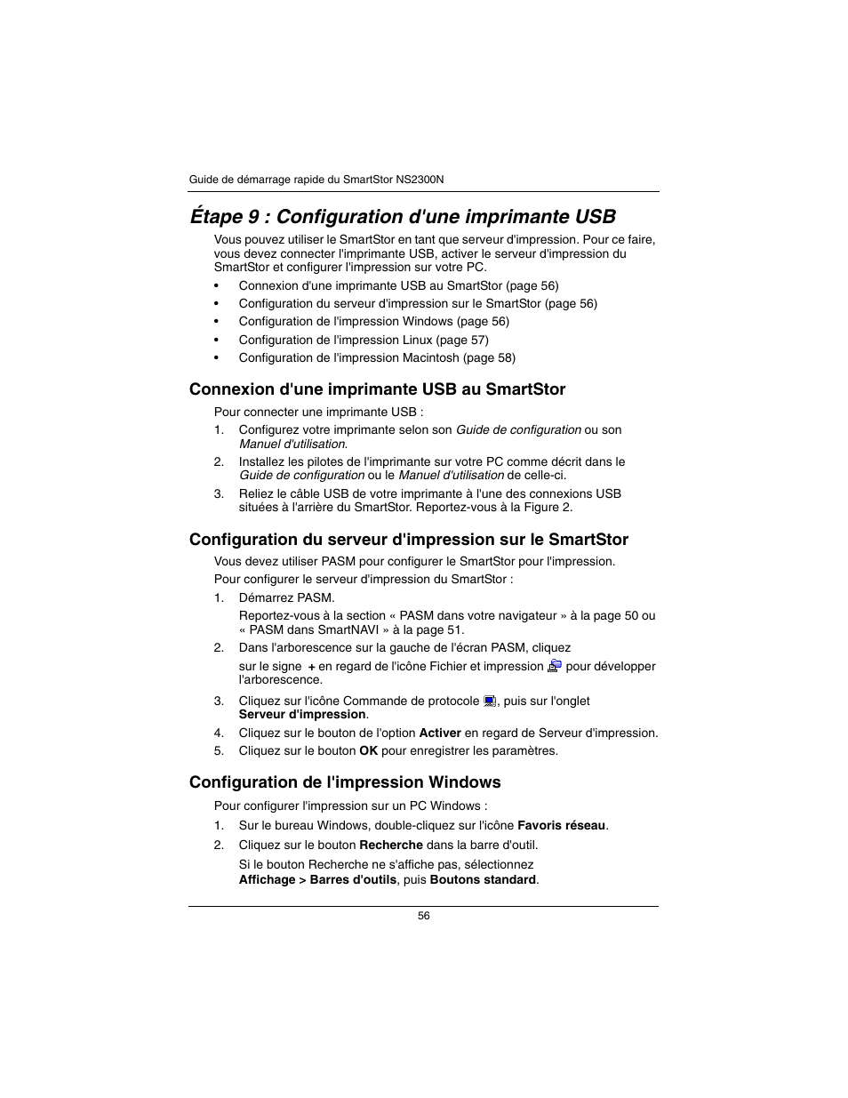 Étape 9 : configuration d'une imprimante usb, Connexion d'une imprimante usb au smartstor, Configuration de l'impression windows | Promise Technology SmartStor NS2300N User Manual | Page 56 / 191