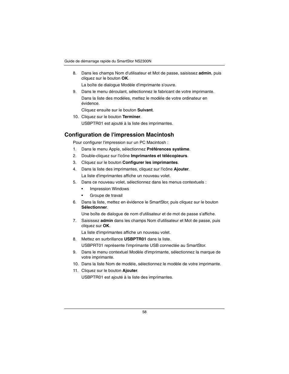 Configuration de l'impression macintosh | Promise Technology SmartStor NS2300N User Manual | Page 58 / 191