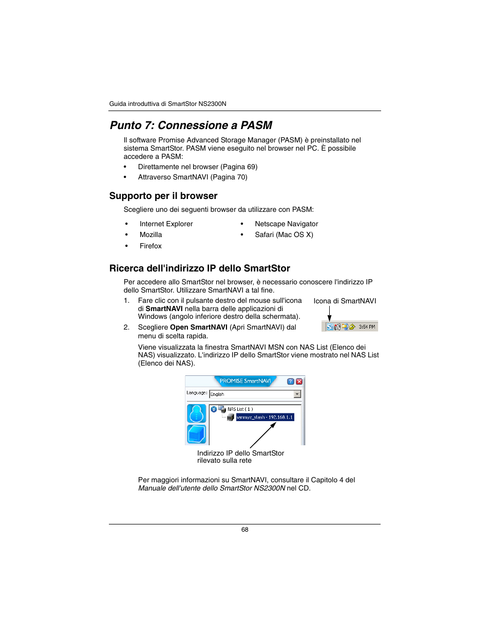 Punto 7: connessione a pasm, Supporto per il browser, Ricerca dell'indirizzo ip dello smartstor | Promise Technology SmartStor NS2300N User Manual | Page 68 / 191