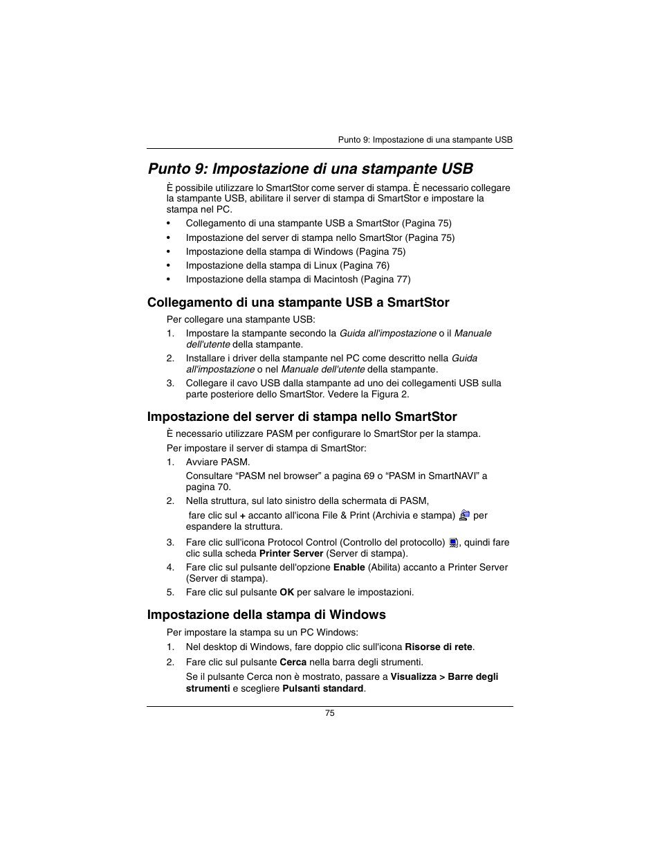 Punto 9: impostazione di una stampante usb, Collegamento di una stampante usb a smartstor, Impostazione del server di stampa nello smartstor | Impostazione della stampa di windows | Promise Technology SmartStor NS2300N User Manual | Page 75 / 191