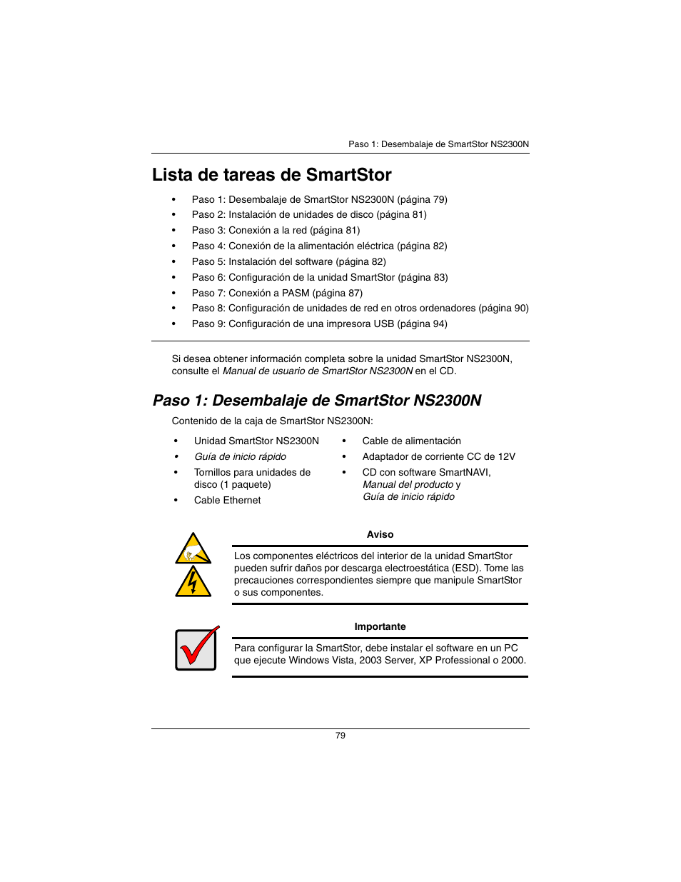 Español, Lista de tareas de smartstor | Promise Technology SmartStor NS2300N User Manual | Page 79 / 191