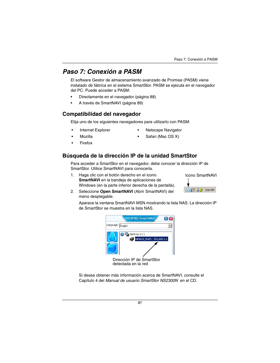 Paso 7: conexión a pasm, Compatibilidad del navegador, Búsqueda de la dirección ip de la unidad smartstor | Promise Technology SmartStor NS2300N User Manual | Page 87 / 191